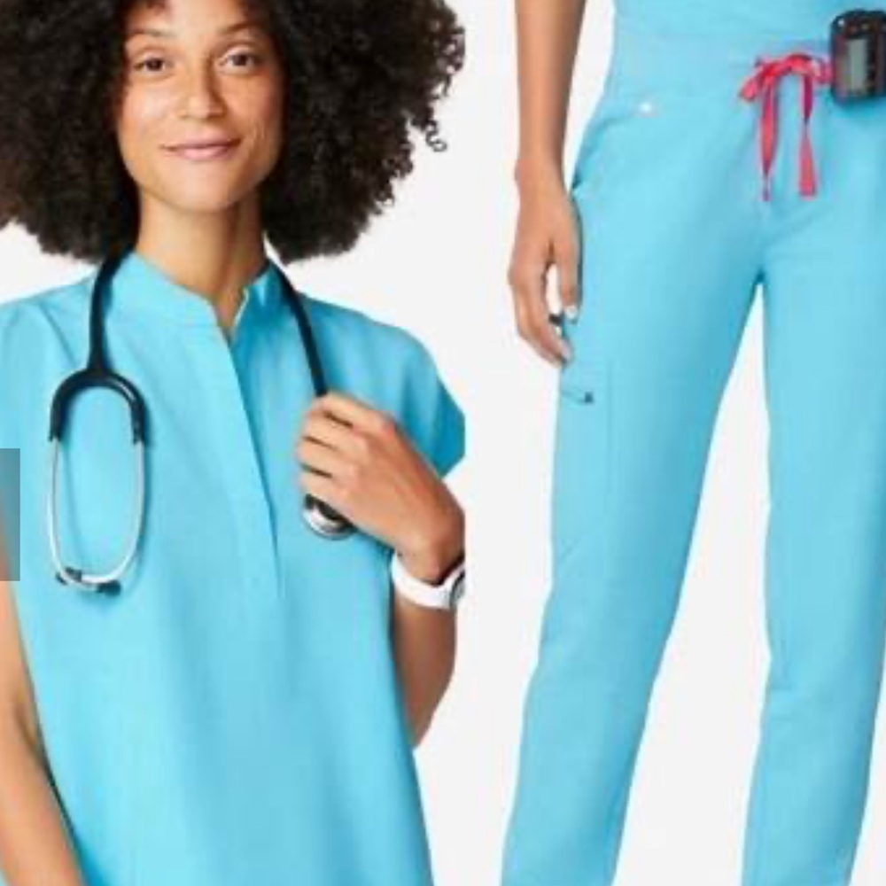 Figs Neon Blue XL Scrub Set with Pink Drawstring